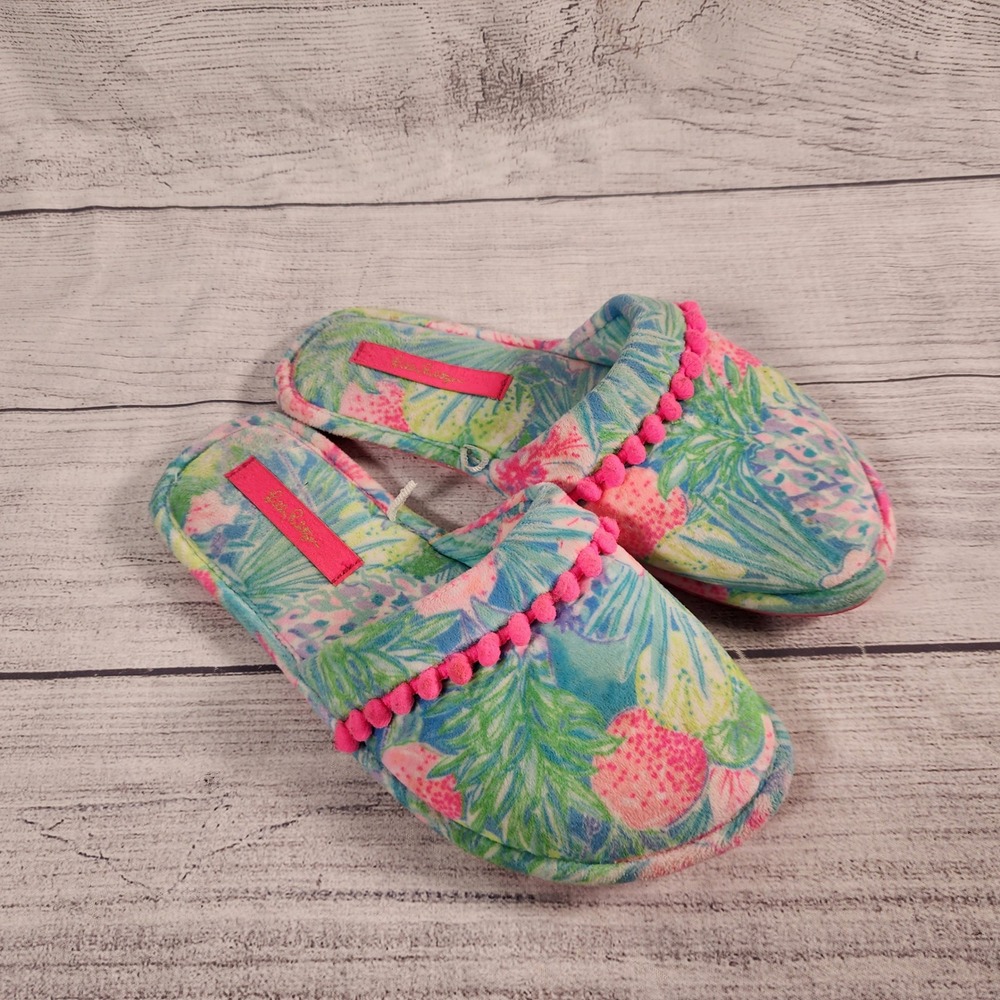 Lilly Pulitzer Tropical Pineapple Pom Pom Slide Slippers Blue Pink Green